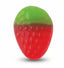 Red and green gummy candy shaped like a strawberry with textured surface on white background